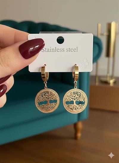 Hayat Ağacı çelik  Küpe KP430 (Gold)