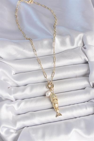 İnci Detaylı Zirkon Taşlı Balık Figürlü Gold Renk Pirinç Kolye - PRT3500EB06149