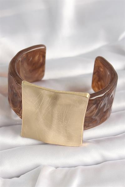 Kahverengi Mermer Desen Akrilik Plastik Gold Kare Plaka Model Vintage Kadın Bilezik – PRT3500EB03701