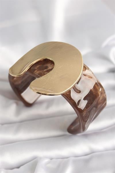 Kahverengi Mermer Desen Akrilik Plastik Gold Nal Model Plaka Vintage Kadın Bilezik - PRT3500EB03697