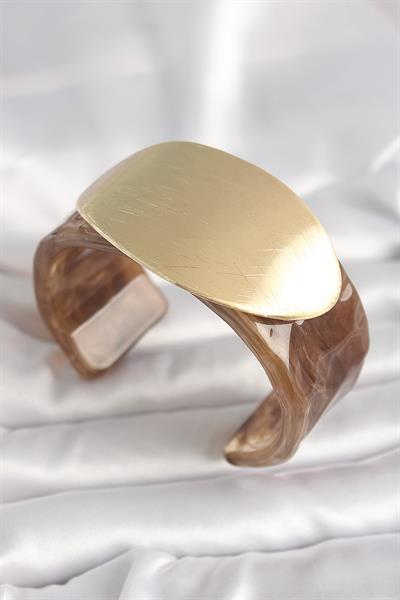 Kahverengi Mermer Desen Akrilik Plastik Gold Oval Plaka Model Vintage Kadın Bilezik - PRT3500EB03703