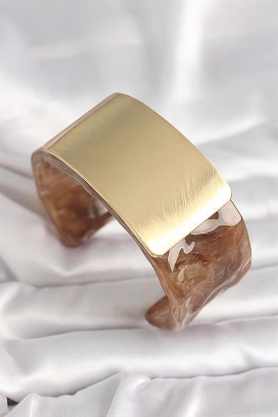 Kahverengi Mermer Desen Akrilik Platik Gold Dikdörtgen Plaka Model Vintage Kadın Bilezik - PRT3500EB03705