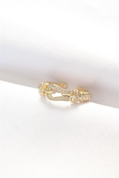Kemer Tokası Tasarımlı Gold Renk Zirkon Taşlı Ayarlanabilir Yüzük – PRT3500EB01303