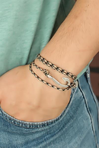 Krem Renk Çizgi Desenli Metal Kancalı Erkek Bileklik - PRT3500EB05546