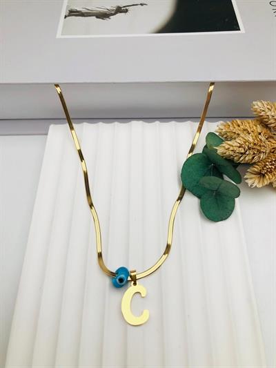 Nazar Boncuklu İtalyan (C) Harf Çelik Kolye 45 cm (Gold) 0106237
