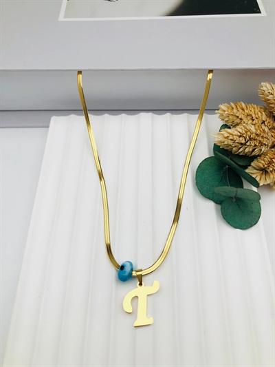 Nazar Boncuklu İtalyan (T) Harf Çelik Kolye 45 cm (Gold) 0106248