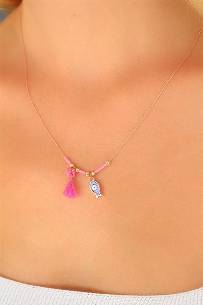 Nazar Boncuklu Pembe Renk Taşlı Rose Bayan Kolye - PRT3500EB05877
