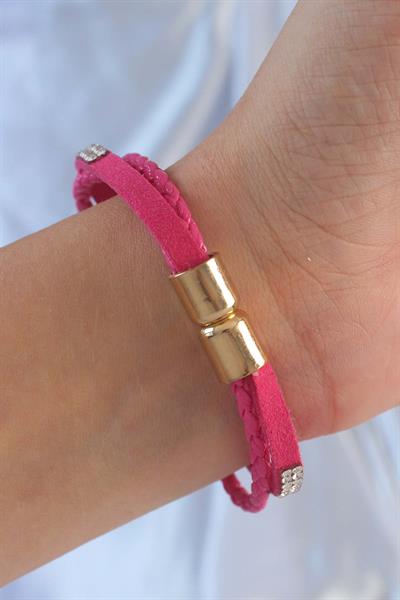 Pembe Renk Zirkon Taşlı Deri Çoklu Bileklik – PRT3500EB02385