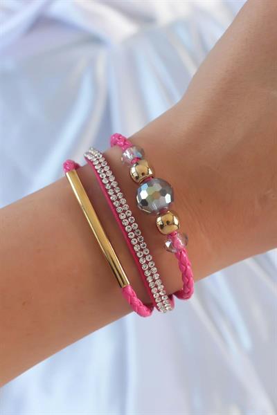 Pembe Renk Zirkon Taşlı Deri Çoklu Bileklik – PRT3500EB02385