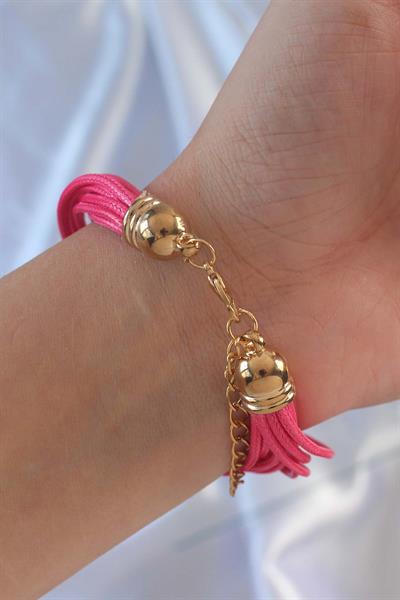 Pembe Renk Zirkon Taşlı Metal Aksesuarlı İpli Çoklu Bileklik – PRT3500EB02388