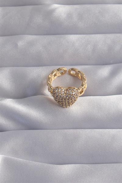 Pirinç Ayarlamalı Gold Renk Zirkon Taşlı Bombeli Kalp Yüzük – PRT3500EB02126