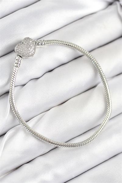 Pirinç Charm Zirkon Taşlı Kalp Model Gümüş Renk Kadın Bileklik – PRT3500EB08664