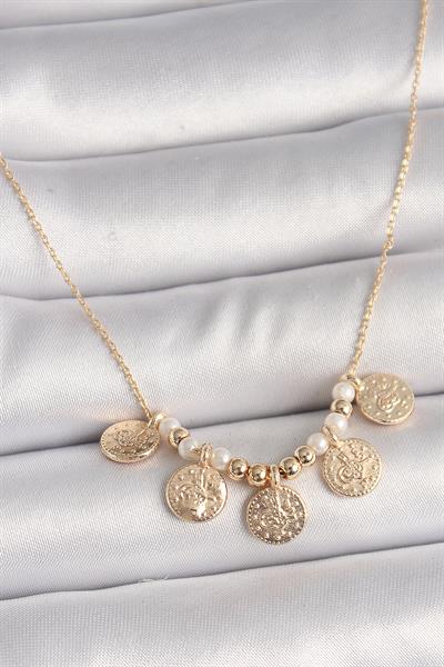 Pirinç Gold Renk 5Li Osmanlı Tuğra Figür İnci Detay Kadın Kolye - PRT3500EB03824