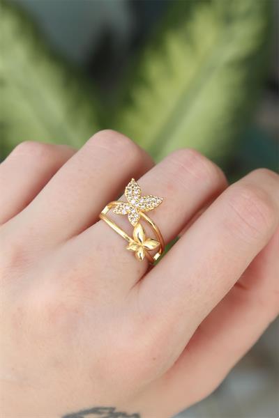 Pirinç Gold Renk Ayarlanabilir Zirkon Taşlı Kelebek Yüzük – PRT3500EB01609