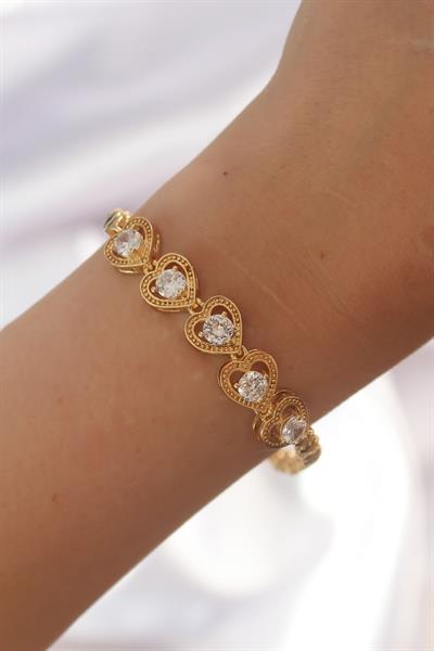 Pirinç Gold Renk İçi Zirkon Taşlı Kalp Figürlü Bileklik - PRT3500EB01805