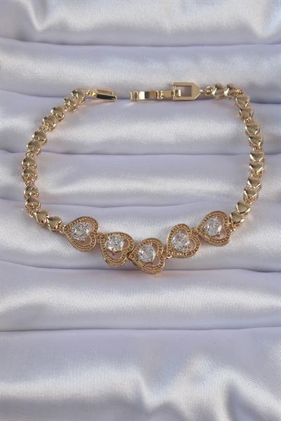 Pirinç Gold Renk İçi Zirkon Taşlı Kalp Figürlü Bileklik - PRT3500EB01805