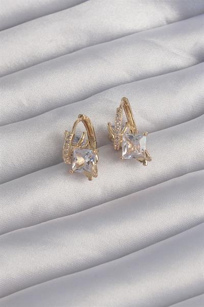 Pirinç Gold Renk İri Zirkon Taşlı Kıvrımlı Minimal Kelebekli Halka Küpe – PRT3500EB02017