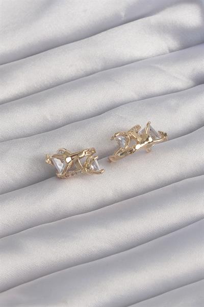 Pirinç Gold Renk İri Zirkon Taşlı Kıvrımlı Minimal Kelebekli Halka Küpe – PRT3500EB02017