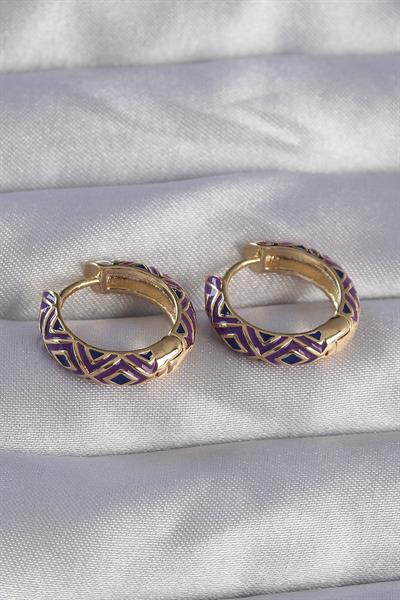 Pirinç Gold Renk Mor Etnik Desenli Halka Küpe – PRT3500EB01731