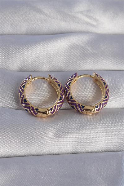 Pirinç Gold Renk Mor Etnik Desenli Halka Küpe – PRT3500EB01731