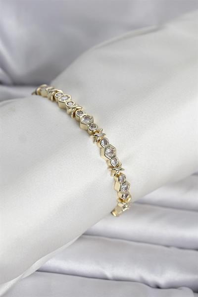 Pirinç Gold Renk Petek Model Zirkon Taşlı Kadın Bileklik