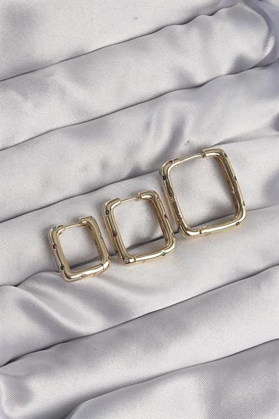 Pirinç Gold Renk Renkli Zirkon Taşlı Kare Model Küpe Seti – PRT3500EB01845