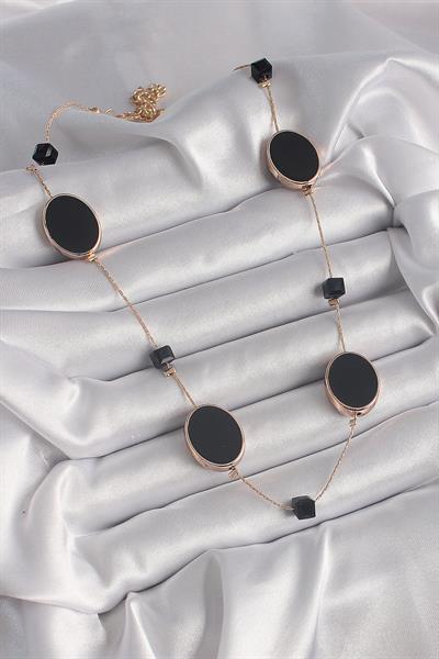 Pirinç Gold Renk Siyah Renk Oval Siyah Küp Detay Kadın Kolye – PRT3500EB03288