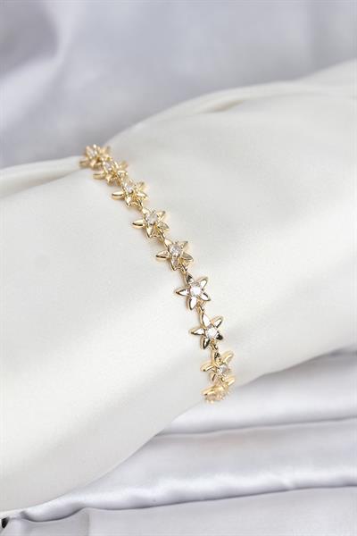 Pirinç Gold Renk VIP Seri Sıralı Taşlı Yıldız Model Zirkon Taşlı Kadın Bileklik - PRT3500EB10228