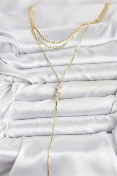 Pirinç Gold Renk Zirkon Taş Detaylı 3lü Kombin Y Kadın Kolye – PRT3500EB09438