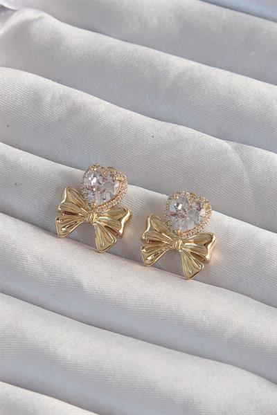 Pirinç Gold Renk Zirkon Taşlı Kalp Model Fiyonk Küpe – PRT3500EB02034
