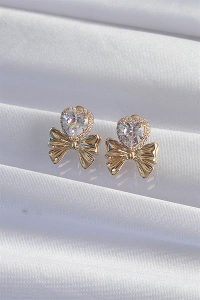 Pirinç Gold Renk Zirkon Taşlı Kalp Model Fiyonk Küpe – PRT3500EB02034