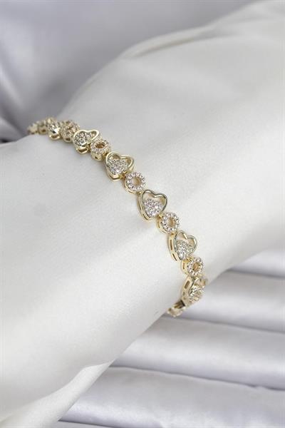 Pirinç Gold Renk Zirkon Taşlı Kalp Model Kadın Bileklik