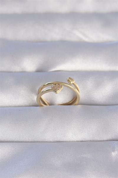 Pirinç Gold Renk Zirkon Taşlı Kalpli Model Ayarlanabilir Yüzük - PRT3500EB01753