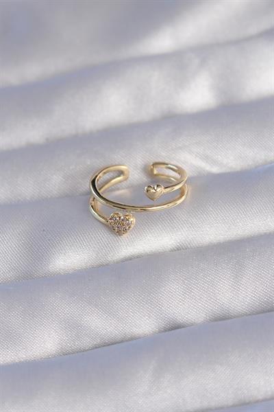 Pirinç Gold Renk Zirkon Taşlı Kalpli Model Ayarlanabilir Yüzük - PRT3500EB01753