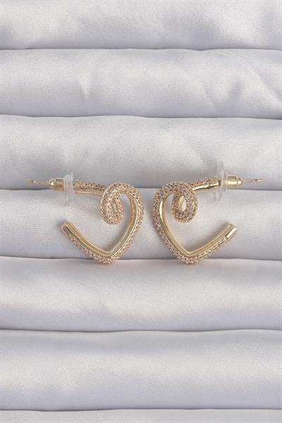 Pirinç Gold Renk Zirkon Taşlı Kıvrımlı Yarım Kalp Küpe – PRT3500EB02011