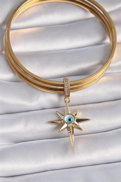 Pirinç Gold Renk Zirkon Taşlı Kutup Yıldızı Nazar Boncuk Detay Ajda Charm – PRT3500EB02669