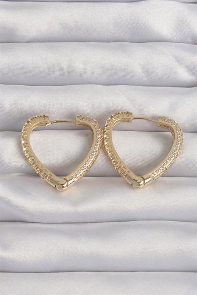 Pirinç Gold Renk Zirkon Taşlı Motifli Kalp Küpe – PRT3500EB02014