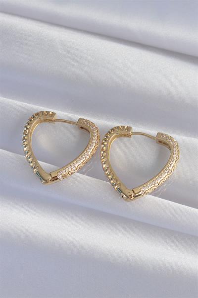 Pirinç Gold Renk Zirkon Taşlı Motifli Kalp Küpe – PRT3500EB02014