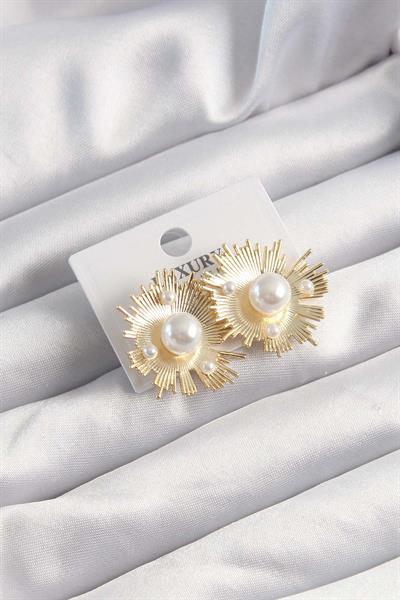 Pirinç Gold Renk Zirkon Taşlı Parlayan İnci Taneleri Küpe - PRT3500EB02402