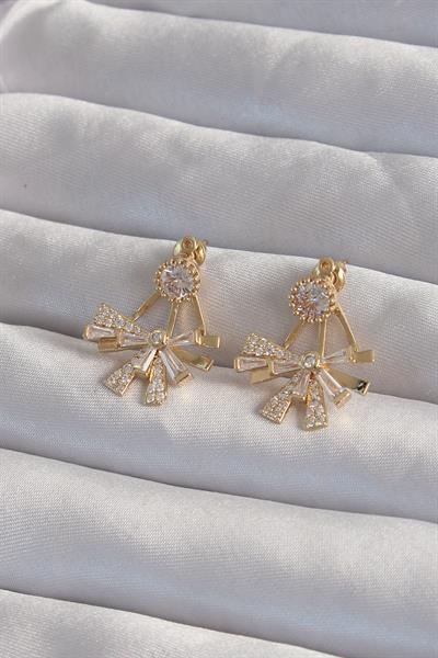 Pirinç Gold Renk Zirkon Taşlı Yassı Fiyonk Model Küpe – PRT3500EB02026