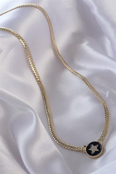 Pirinç Gold Renk Zirkon Taşlı Yıldız Model Siyah Mineli Ezme Zincirli Serenay Kolyesi - PRT3500EB01720