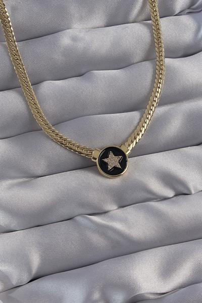 Pirinç Gold Renk Zirkon Taşlı Yıldız Model Siyah Mineli Ezme Zincirli Serenay Kolyesi - PRT3500EB01720