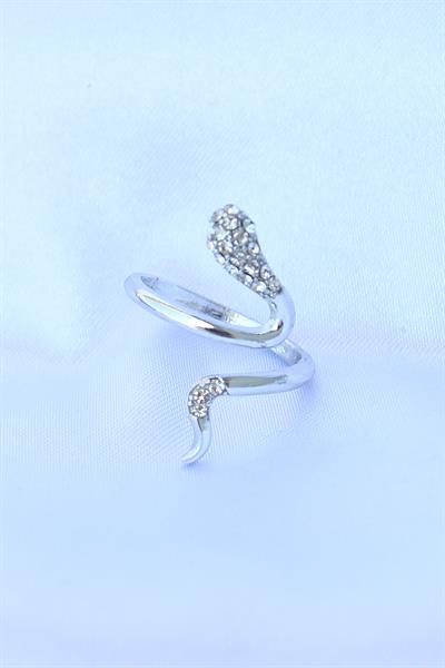 Pirinç Gümüş Renk Ayarlanabilir Zirkon Taşlı Yılan Yüzük – PRT3500EB01606
