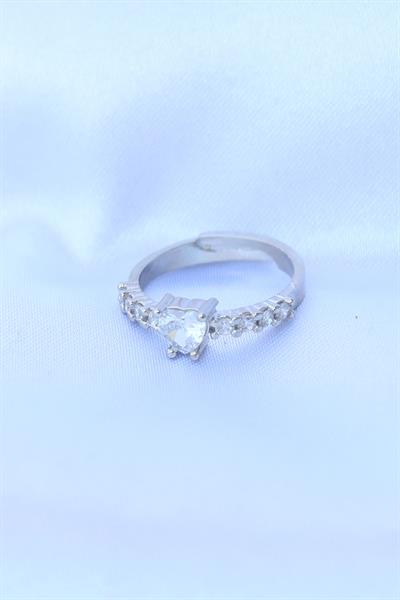 Pirinç Gümüş Renk Ayarlanabilir Zirkon Taşlı Minimal Kalp Yüzük - PRT3500EB07111