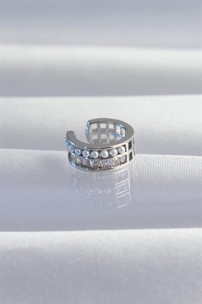Pirinç Gümüş Renk İncili Baget Taşlı Earcuff Küpe – PRT3500EB02056