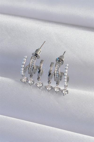 Pirinç Gümüş Renk İncili Çoklu Zirkon Taşlı Yarım Halka Küpe – PRT3500EB02038