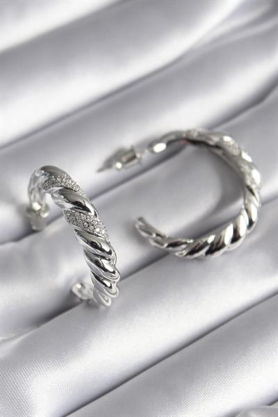 Pirinç Gümüş Renk Zirkon Taşlı Sarmal Model Kadın Küpe - PRT3500EB01073