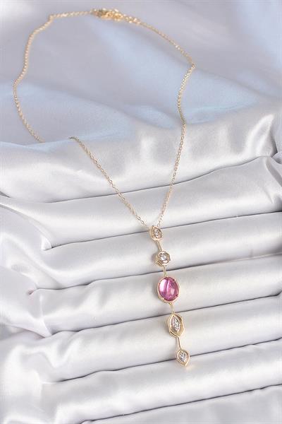 Pirinç Zincir Gold Renk Pembe Zirkon Taşlı Y Kolye – PRT3500EB06163