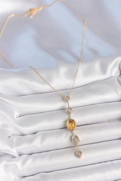 Pirinç Zincir Kehribar Sarı Gold Renk Zirkon Taşlı Y Kolye – PRT3500EB06165