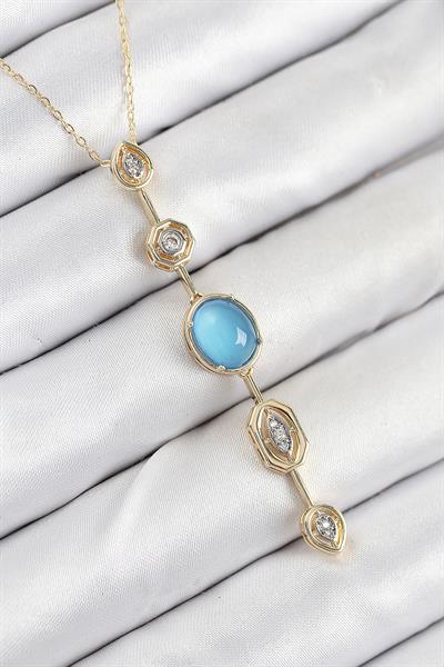 Pirinç Zincir Mavi Gold Renk Zirkon Taşlı Y Kolye – PRT3500EB08847